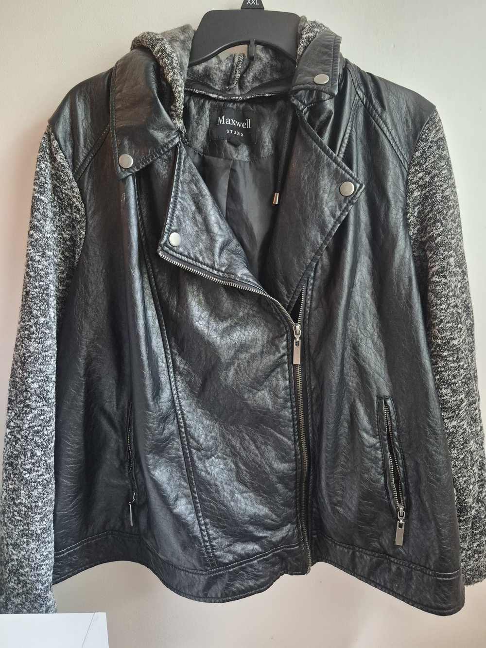 Black Faux Leather Moto Jacket with Gray Knit Sleeves